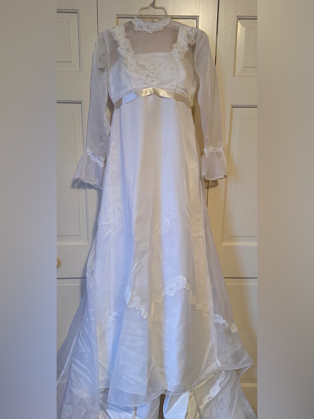 Classic 1960s White Satin Lace Wedding Dress with Long Sheer Sleeves